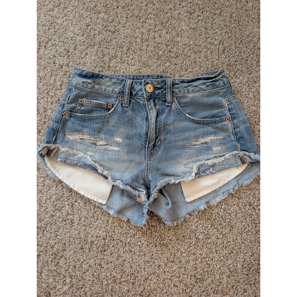 American Eagle Hi-Rise Festival Denim Shorts Medium Wash Distressed Cutoffs 4